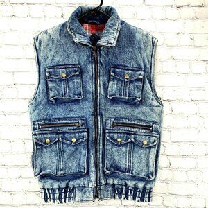 Vintage Denim Jean Vest S Stonewashed Zip In Crowd Celebration Flannel Lined